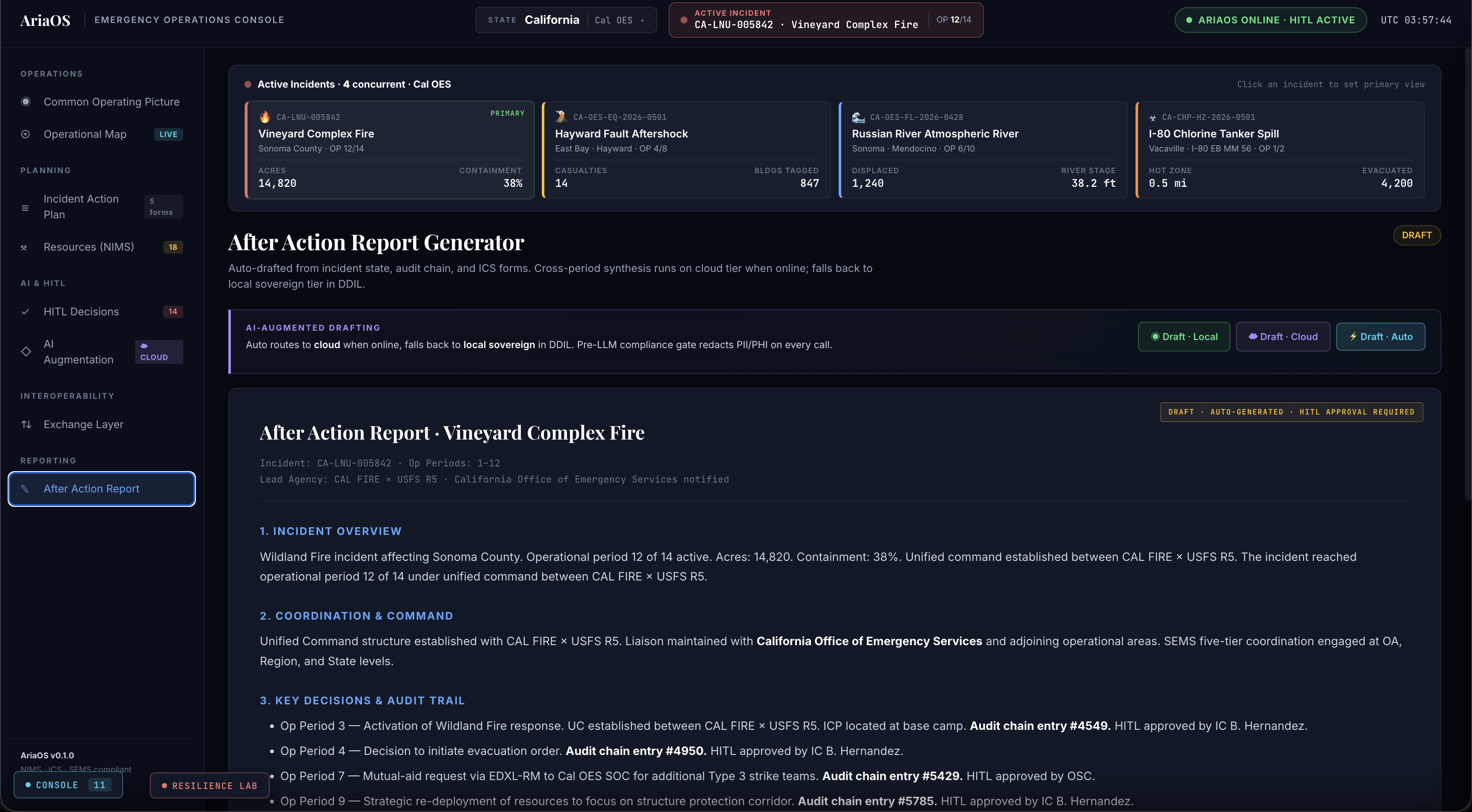 After Action Report Generator drafting an AAR for the Vineyard Complex Fire incident