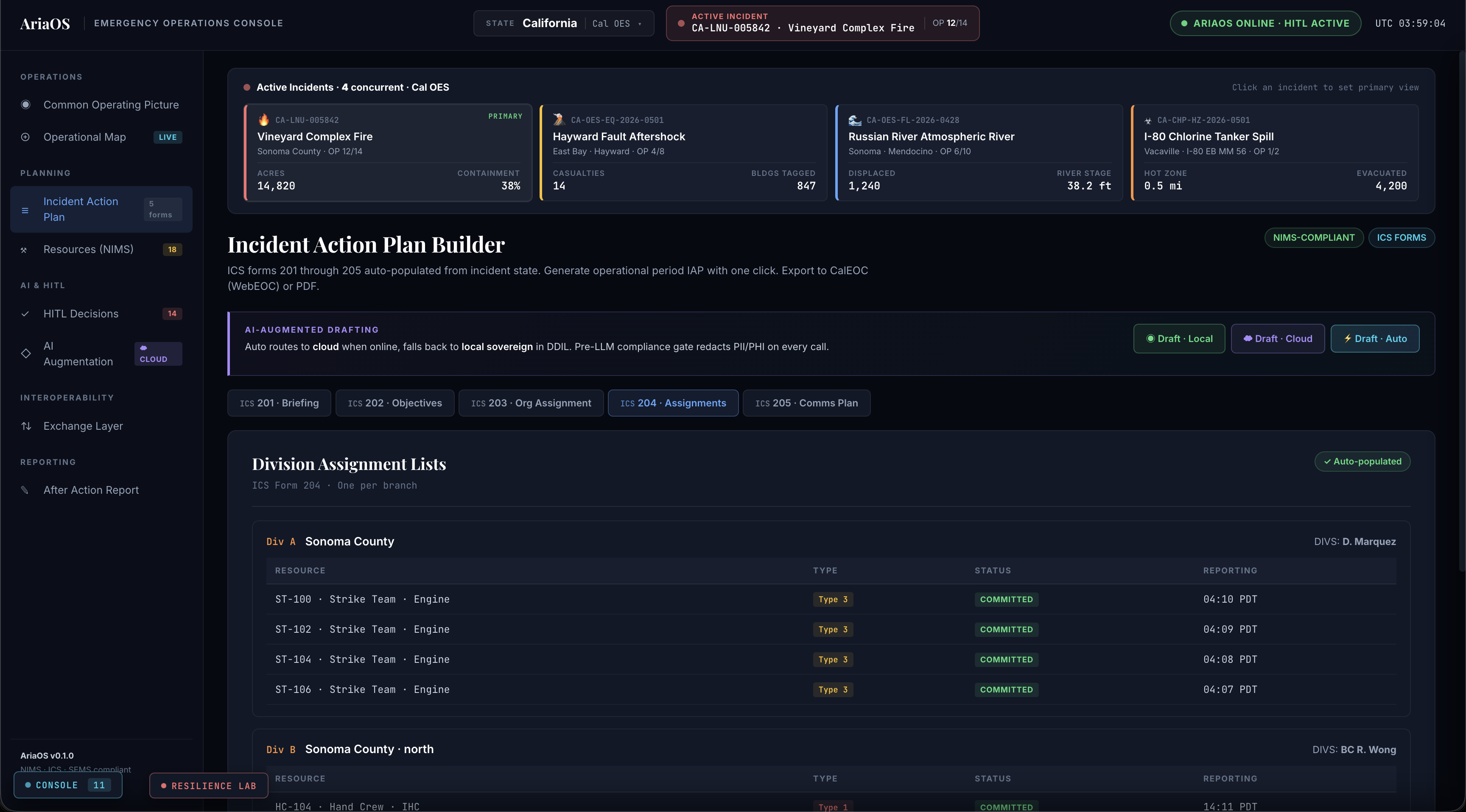 Incident Action Plan Builder ICS Form 204 with Division Assignment Lists