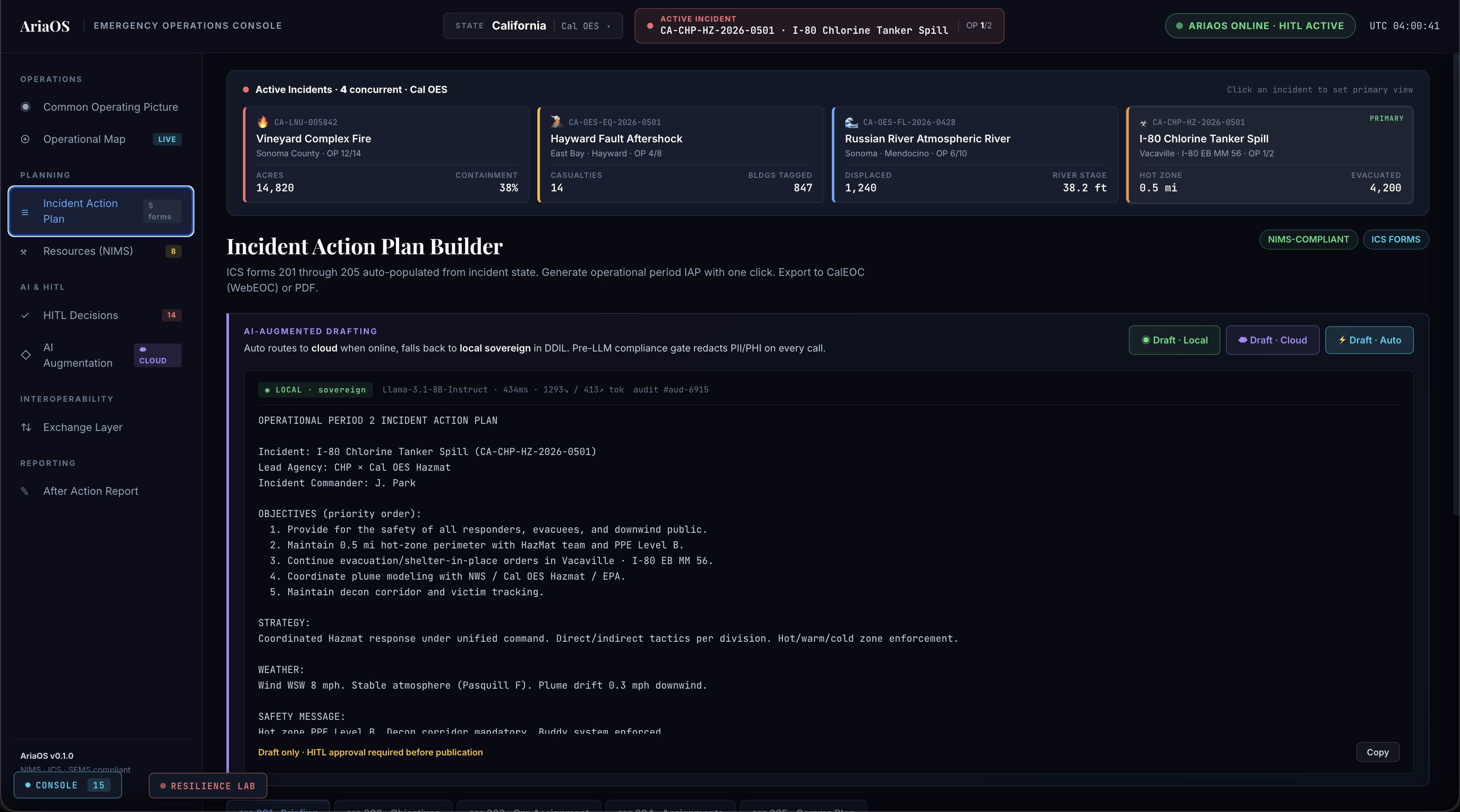 Incident Action Plan Builder showing auto-populated Operational Period 2 IAP for the I-80 Chlorine Tanker Spill