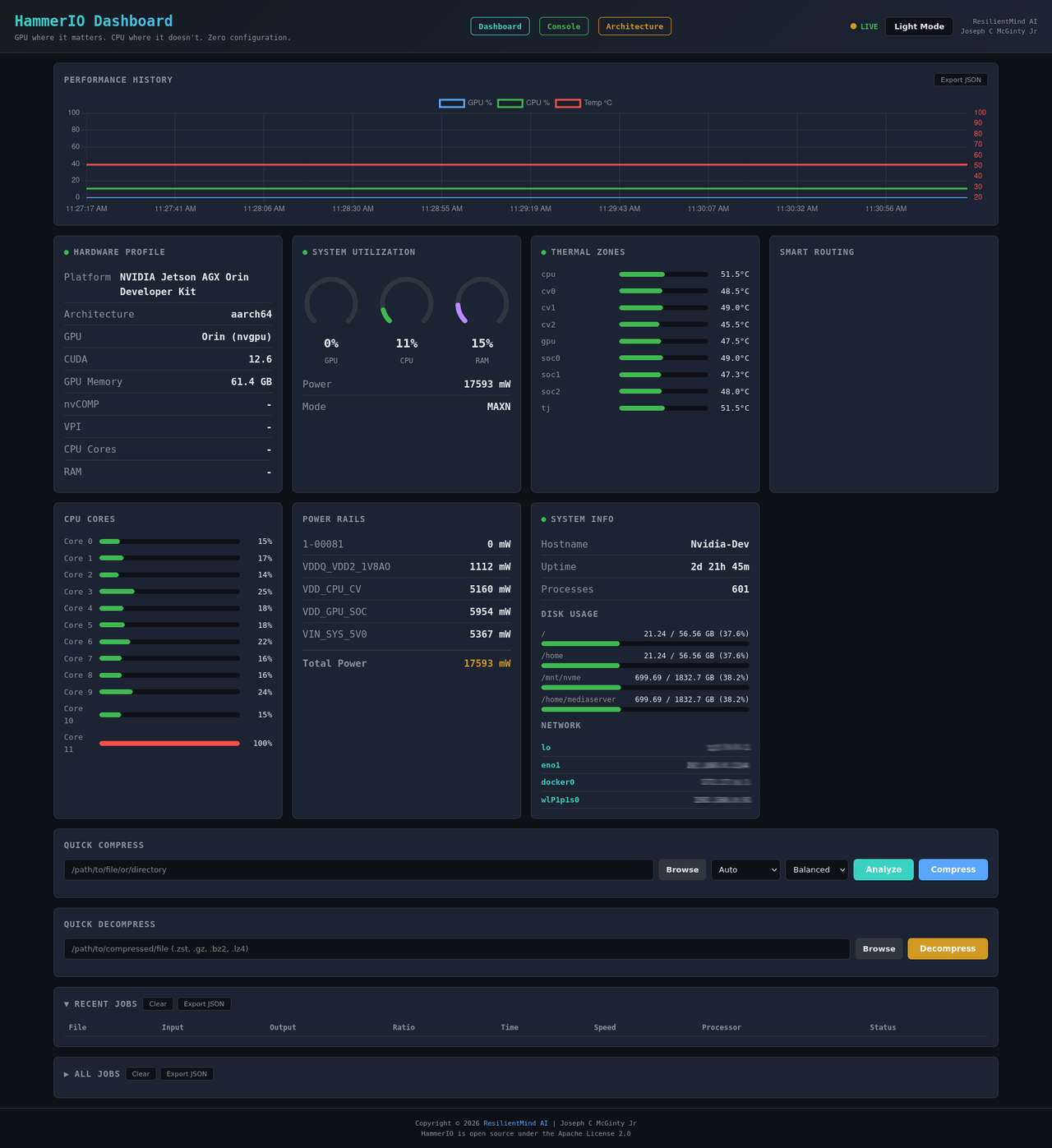 HammerIO dashboard showing GPU-accelerated compression operations