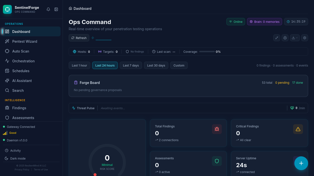 SentinelForge dashboard showing AI-powered penetration testing